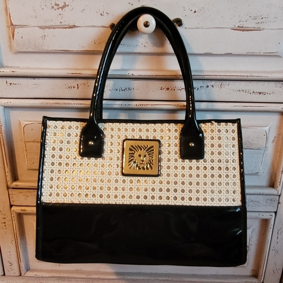 Vintage Anne Klein‎ Lion Head Black Patent and Rattan Satchel - Picture 2 of 6
